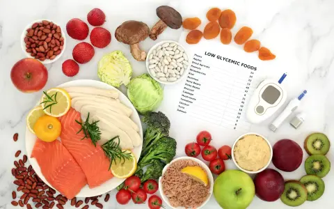 Frukt, grönsaker, fisk och kyckling för en diet gi. Blodsockermätare och lista över livsmedel med lågt glykemiskt index.