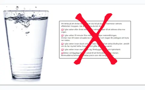 Ett glas vatten med plask. Texten bredvid ger tips om hur mycket vatten man ska dricka per dag för olika tillfällen.