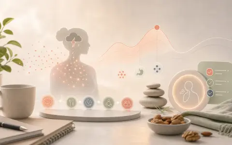 Grafisk illustration som visar hur stress kan påverka kroppen, med symboler för hjärna, sömn, mat och relationer. Kan leda till att man **går upp i vikt av stress**.
