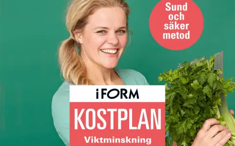 Glad kvinna med färska grönsaker, redo för en gratis kostschema gå ner i vikt. "Sund och säker metod" står det i en röd cirkel.