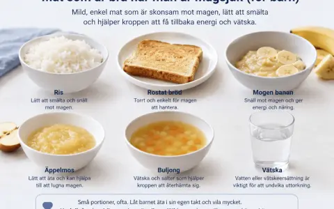 Här är en huskur mot illamående: skonsam mat som ris, rostat bröd, banan, äppelmos och buljong.