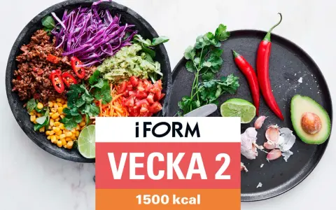 En färgstark bowl med köttfärs, majs, rödkål, tomat, avokado och lime. Text: "iFORM VEcka 2 1500 kcal".
