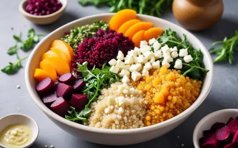 En färgstark bowl med quinoa, rödbetor, aprikoser, fetaost och gröna blad. En näringsrik måltid rik på quinoa kolhydrater.