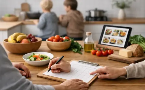 Planerar en enkel diet med färska råvaror. Barn hjälper till i köket.