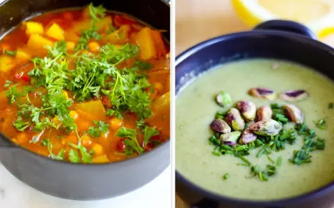 Två läckra vegetariska soppor, en mustig gryta med kikärtor och grönsaker, och en krämig grön soppa med pistagenötter. Perfekt för att gå ner i vikt vegetarian.