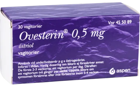 Ovesterin 0,5 mg vagitorier mot torra slemhinnor i hela kroppen. För behandling av underlivsbesvär vid östrogenbrist.