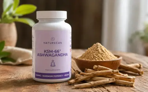 Flaska med KSM-66 Ashwagandha, pulver och rötter. Studier visar på ashwagandhas positiva effekter.