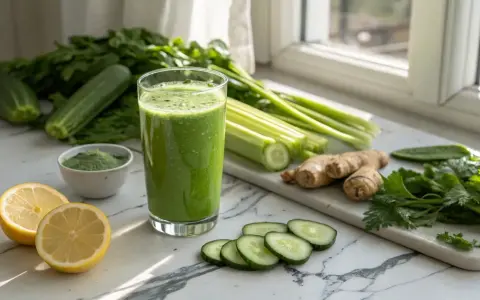 Grönt, uppfriskande juiceglas med gurka, selleri, citron och ingefära. Ingredienser för en naturlig detox för en rena levern naturligt.