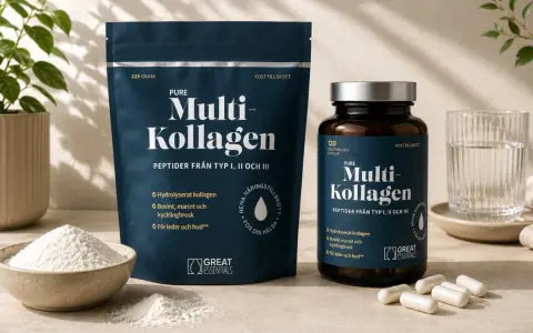 Pure Multi-Kollagen med peptider från typ I, II och III. Innehåller hydrolyserat kollagen från nöt, fisk och kycklingbrosk för leder och hud. Kollagen typ 3 är en viktig del.