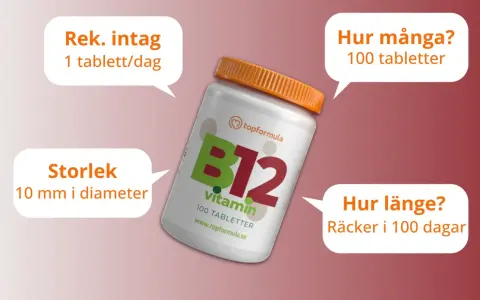 Flaska med B12-vitamin. Rekommenderat intag är 1 tablett/dag, vilket ger svar på hur mycket b12 per dag. 100 tabletter räcker i 100 dagar.