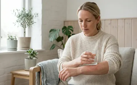 Kvinna med utslag på armen, som kan vara ett av sepsis symtom, håller ett glas vatten.