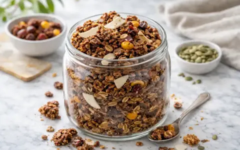 En burk fylld med hemmagjord crunchy granola, med nötter, frön och torkad frukt. En sked med granola ligger bredvid.
