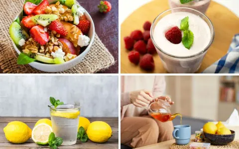 Frukostskål med bär och nötter, smoothie, citronvatten och te. Hälsosamma val för att minska sockersug.