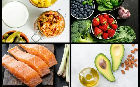 En samling livsmedel som utgör grunden för antiinflammatorisk kost: lax, bär, grönsaker, nötter och hälsosamma fetter.