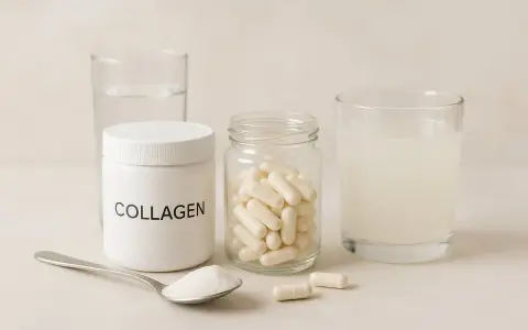 En burk med kollagenpulver, en sked med pulver, en burk med kollagenkapslar och ett glas med kollagendryck. Allt för en stark mage.