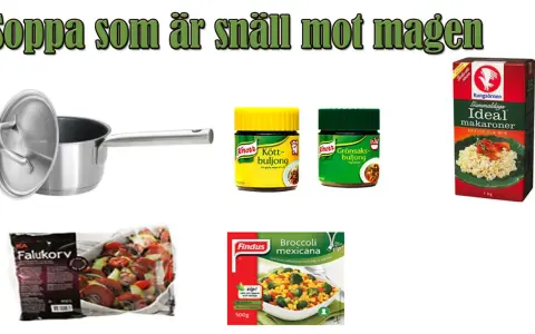Kastrull, buljonger, makaroner och falukorv för magkatarr mat.