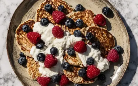 Proteinpannkakor recept: fluffiga pannkakor toppade med grädde, hallon och blåbär. En perfekt start på dagen!