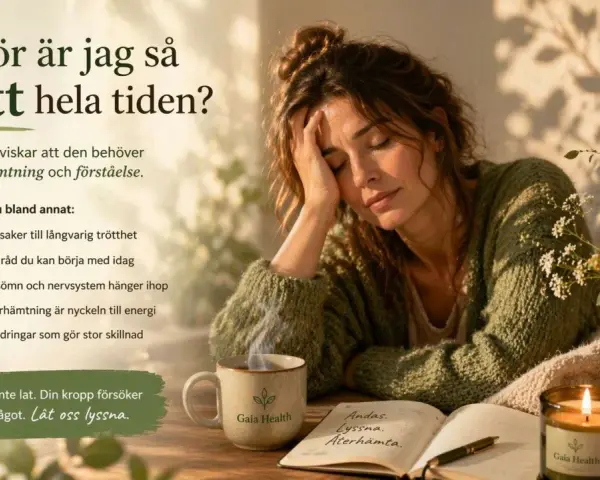 Kvinna med trötthetssymptom, en kopp te och en bok om återhämtning. Lär dig hur du får mer bra energi.