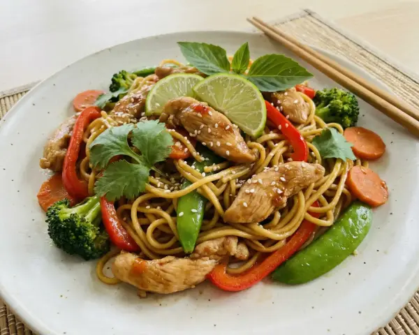En läcker kycklingwok med vitkål, nudlar, broccoli, morötter, paprika och sockerärtor, toppad med sesamfrön och lime.