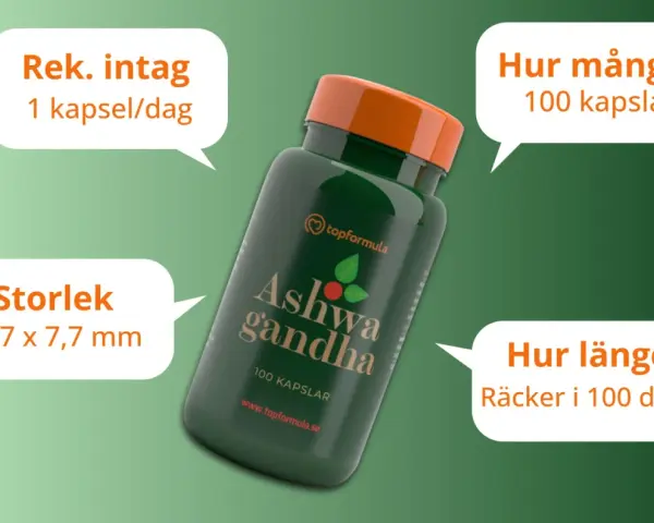 En flaska Ashwagandha med 100 kapslar. Rekommenderat intag är 1 kapsel/dag, vilket räcker i 100 dagar. Frågan "hur mycket ashwagandha per dag" besvaras med 1 kapsel.