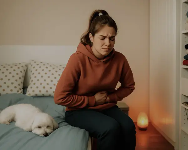En ung kvinna sitter på sängen med ett **sug i magen**, hennes lilla vita hund vilar bredvid.