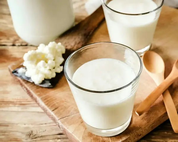 Två glas med krämig kefir står på en träskärbräda. Bredvid syns kefir-kultur och två träskedar. Kefir nyttigt för magen!