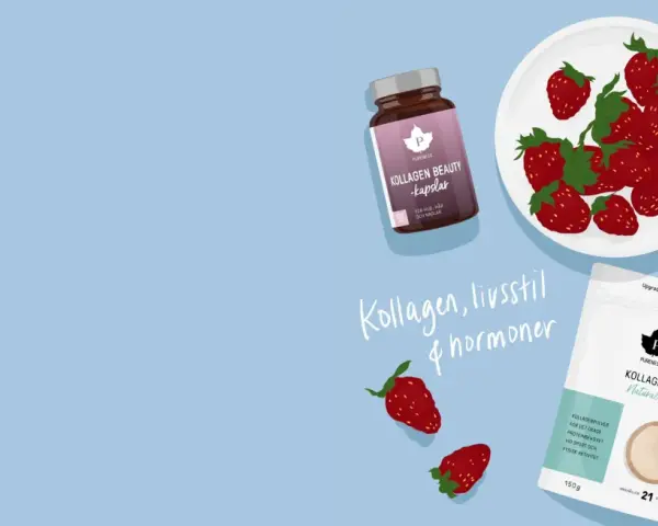 Kollagen, livsstil & hormoner. Pureness Kollagen Beauty-kapslar och kollagenpulver, med jordgubbar. Vad innehåller kollagen? Detta är ett kosttillskott för hud, hår och naglar.