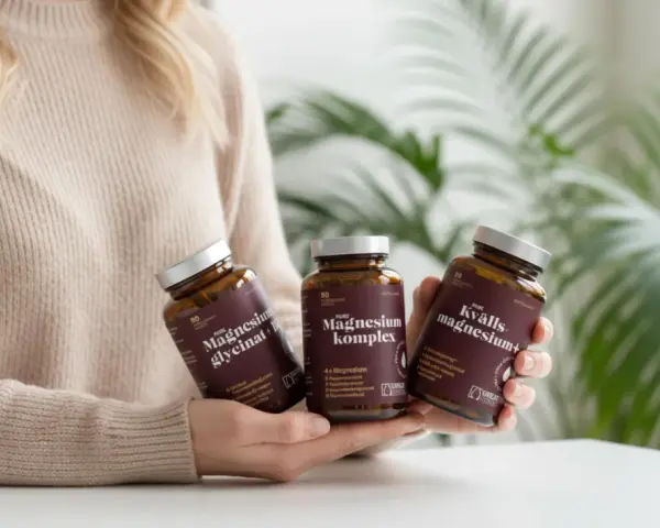 Person håller tre burkar magnesiumtillskott. Kan hjälpa mot bland annat magnesium illamående.