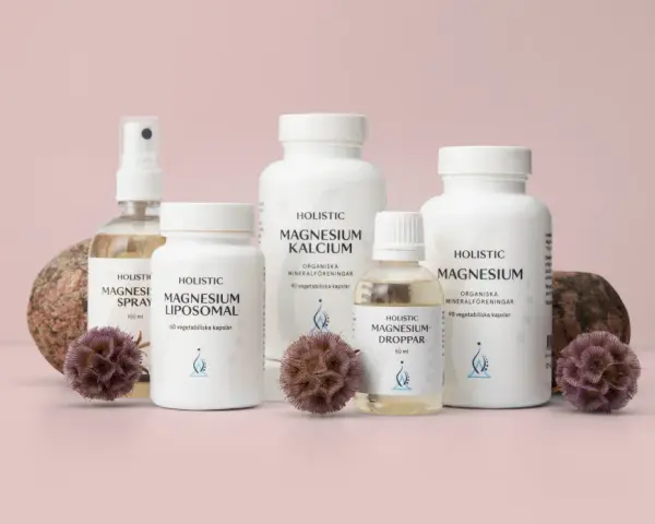 Flera produkter från Holistic, inklusive magnesiumolja, med fokus på att undvika magnesiumolja biverkningar.