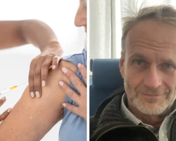 En person får ett mrna vaccin i armen. Till höger en man som ler mot kameran.