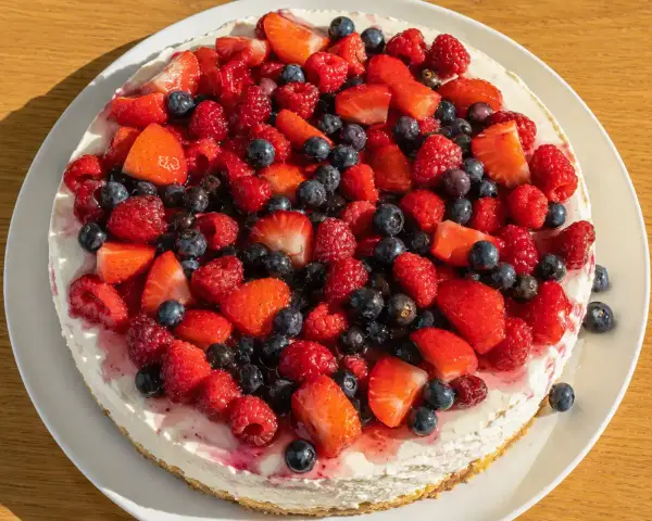 En vacker och nyttig cheesecake toppad med färska jordgubbar, hallon och blåbär. En härlig sommardessert!