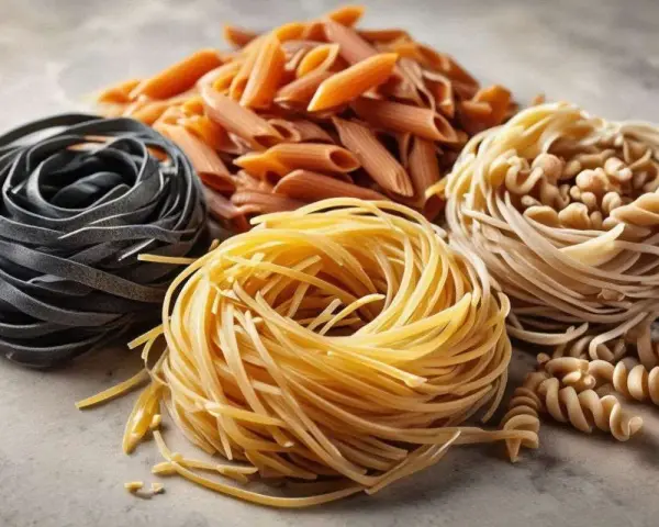 En hög med olika sorters pasta: svarta tagliatelle, gyllene tagliatelle, penne och fusilli. En härlig blandning som visar vad som kan finnas i pasta.