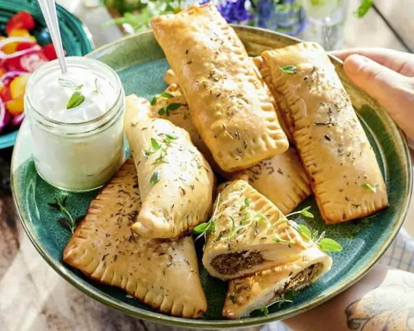 En tallrik med gyllene piroger, perfekta som mellanmål för barn. Serveras med en klick krämig dipp och färska örter.