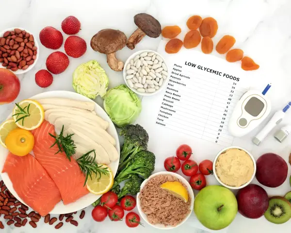 Frukt, grönsaker, fisk och kyckling för en diet gi. Blodsockermätare och lista över livsmedel med lågt glykemiskt index.