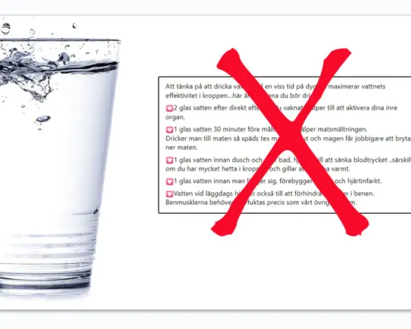 Ett glas vatten med plask. Texten bredvid ger tips om hur mycket vatten man ska dricka per dag för olika tillfällen.