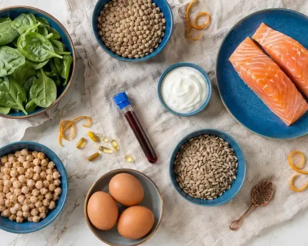 Mat som lax, ägg, spenat och solrosfrön kan hjälpa mot b-vitamin brist symptom.
