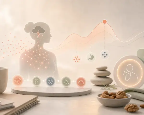 Grafisk illustration som visar hur stress kan påverka kroppen, med symboler för hjärna, sömn, mat och relationer. Kan leda till att man **går upp i vikt av stress**.