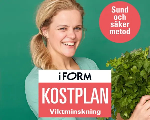 Glad kvinna med färska grönsaker, redo för en gratis kostschema gå ner i vikt. "Sund och säker metod" står det i en röd cirkel.