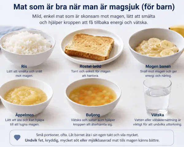 Här är en huskur mot illamående: skonsam mat som ris, rostat bröd, banan, äppelmos och buljong.