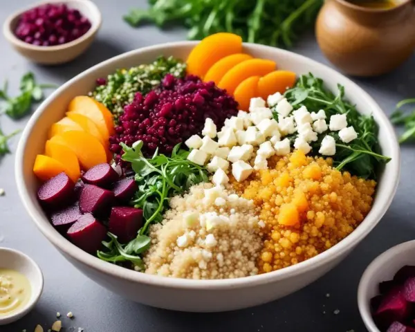 En färgstark bowl med quinoa, rödbetor, aprikoser, fetaost och gröna blad. En näringsrik måltid rik på quinoa kolhydrater.