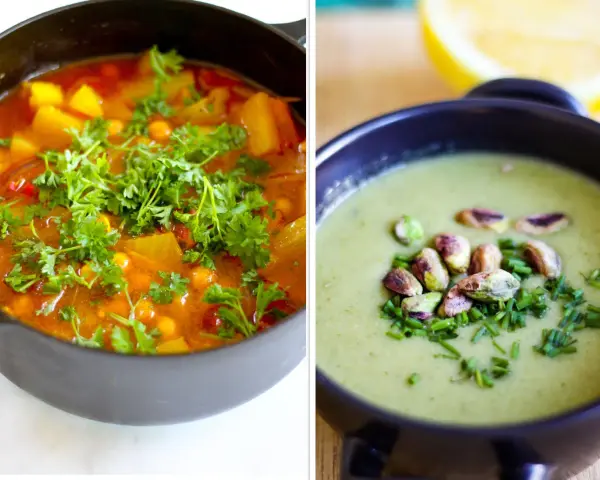 Två läckra vegetariska soppor, en mustig gryta med kikärtor och grönsaker, och en krämig grön soppa med pistagenötter. Perfekt för att gå ner i vikt vegetarian.