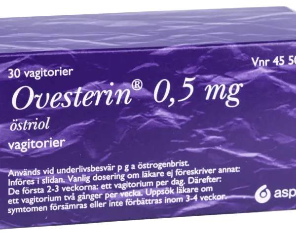 Ovesterin 0,5 mg vagitorier mot torra slemhinnor i hela kroppen. För behandling av underlivsbesvär vid östrogenbrist.