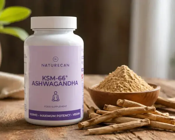 Flaska med KSM-66 Ashwagandha, pulver och rötter. Studier visar på ashwagandhas positiva effekter.
