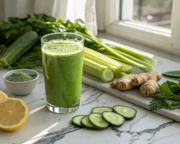 Grönt, uppfriskande juiceglas med gurka, selleri, citron och ingefära. Ingredienser för en naturlig detox för en rena levern naturligt.