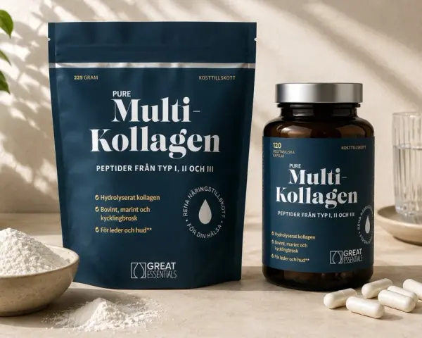 Pure Multi-Kollagen med peptider från typ I, II och III. Innehåller hydrolyserat kollagen från nöt, fisk och kycklingbrosk för leder och hud. Kollagen typ 3 är en viktig del.