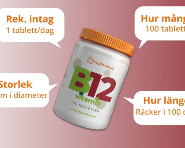 Flaska med B12-vitamin. Rekommenderat intag är 1 tablett/dag, vilket ger svar på hur mycket b12 per dag. 100 tabletter räcker i 100 dagar.
