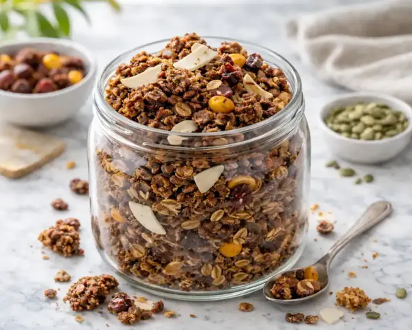 En burk fylld med hemmagjord crunchy granola, med nötter, frön och torkad frukt. En sked med granola ligger bredvid.