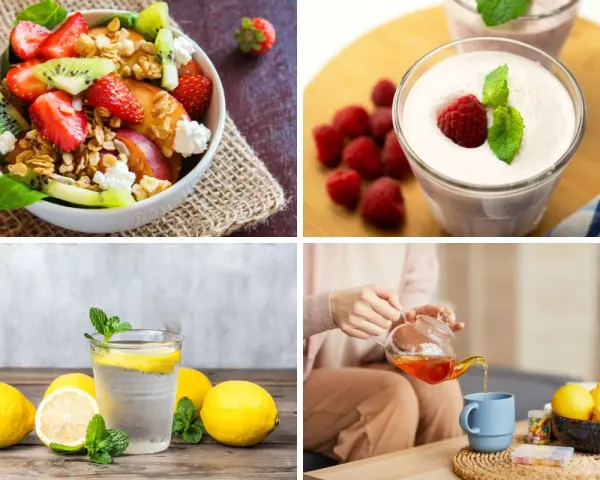 Frukostskål med bär och nötter, smoothie, citronvatten och te. Hälsosamma val för att minska sockersug.