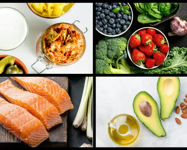 En samling livsmedel som utgör grunden för antiinflammatorisk kost: lax, bär, grönsaker, nötter och hälsosamma fetter.