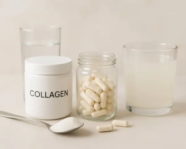 En burk med kollagenpulver, en sked med pulver, en burk med kollagenkapslar och ett glas med kollagendryck. Allt för en stark mage.
